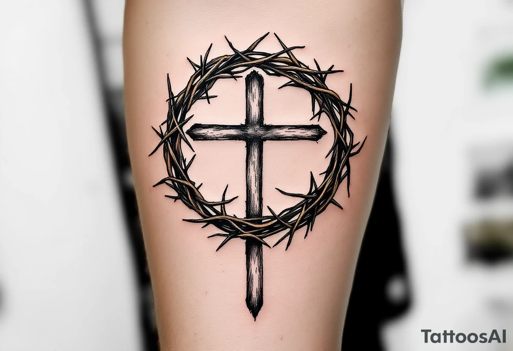 Crown of Thorns – A delicate brown and green crown of thorns, wrapped around a symbolic cross, with subtle shading giving it depth and texture. tattoo idea