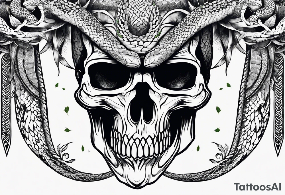 arm sleeve tattoo with a snake, gun, weed symbol that says HYDRA tattoo idea