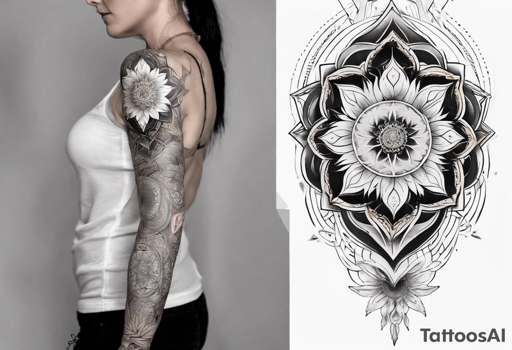 Sleeve tattoo on a woman's arm. Phoenix and mandala gold Flower and mandala Metatron's cube sacred geometry tattoo idea