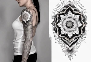 Sleeve tattoo on a woman's arm. Phoenix and mandala gold Flower and mandala Metatron's cube sacred geometry tattoo idea