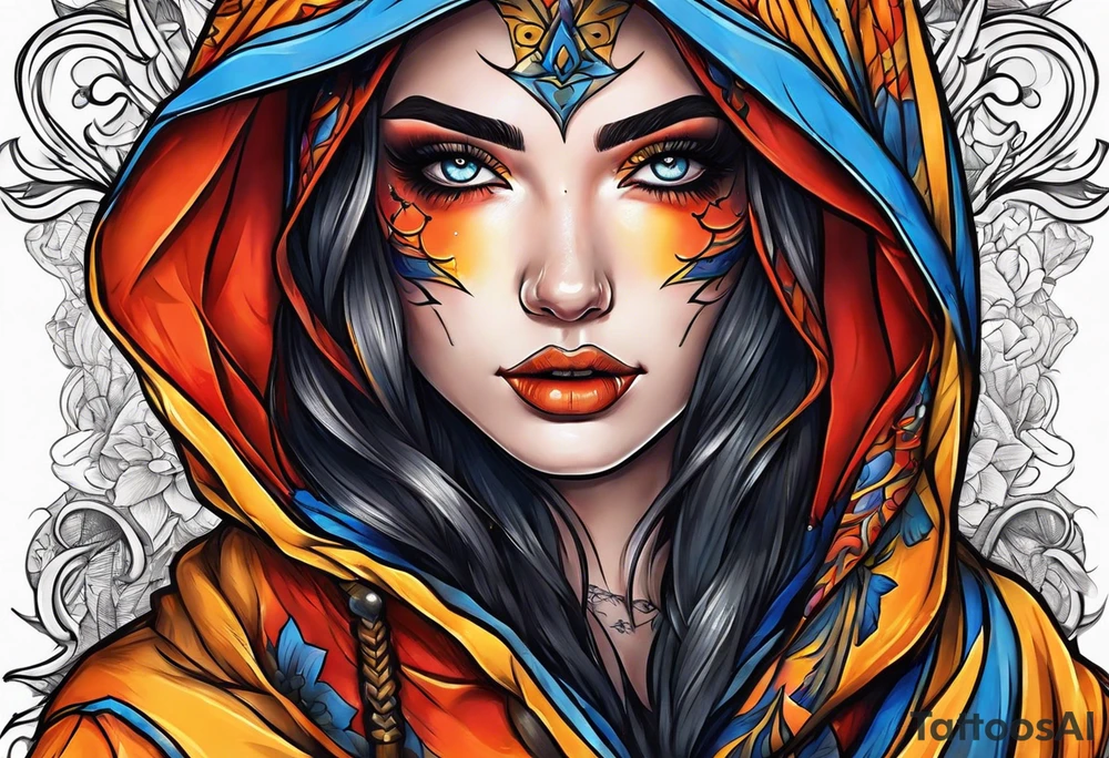 Neo traditional Orange yellow red blue hooded woman blood scars tattoo idea