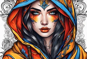 Neo traditional Orange yellow red blue hooded woman blood scars tattoo idea