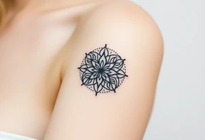 A Flower of Life pattern with delicate dot work shading placed in cyrcle tattoo idea