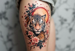 Full arm sleeve, one koi fish, one tiger, the sun, cherry blossom filler, beautiful tattoo idea