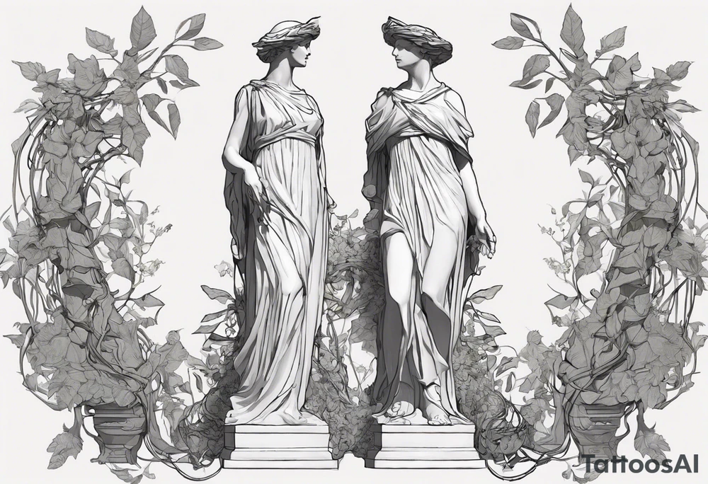 **Design Concept: Athena's Garden**

*Central Focus:*
- Place a small, delicately detailed Athena historic statue
*Surrounding Elements:*
- Intertwine the statue with vines that gracefully flow outwards, connecting seamlessly with Vincent van Gogh's Irises tattoo.

*Geometric Accents:*
- Incorporate geometric shapes around the shield and vines, creating a structured and visually appealing framework. The shapes could represent elements like knowledge, strength, and protection associated with Athena.

*Athena's Symbols:*
- Include Athena's spear and olive branch as smaller elements within the vine design. They can be strategically placed to enhance the overall balance and symbolism.

*Van Gogh's Irises:*
- Integrate the irises into the vine design, allowing them to gracefully intertwine. Pay attention to the delicate details of the irises, ensuring they complement the overall aesthetic.

 Consider earthy greens for the vines complemented by subtle purples and blues for the irises.

*Placement:*
- Given the detailed and intricate nature of the design, the upper chest provides a suitable canvas for the tattoo. Ensure the design is scaled appropriately to fit the chosen placement. tattoo idea
