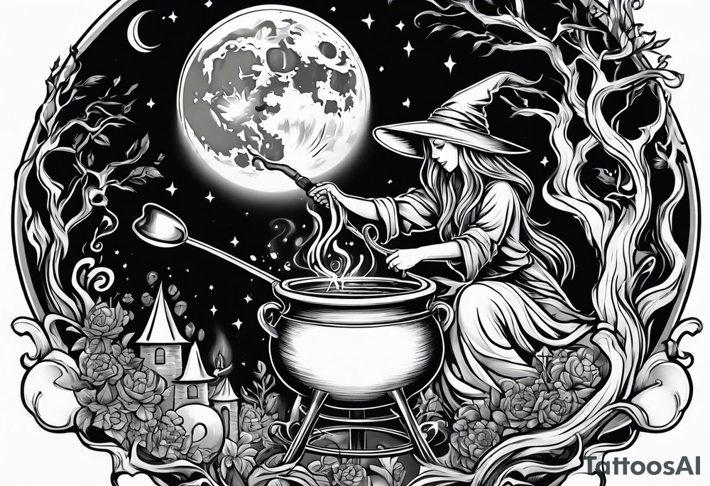 Witch stirring a cauldron under a full moon tattoo idea