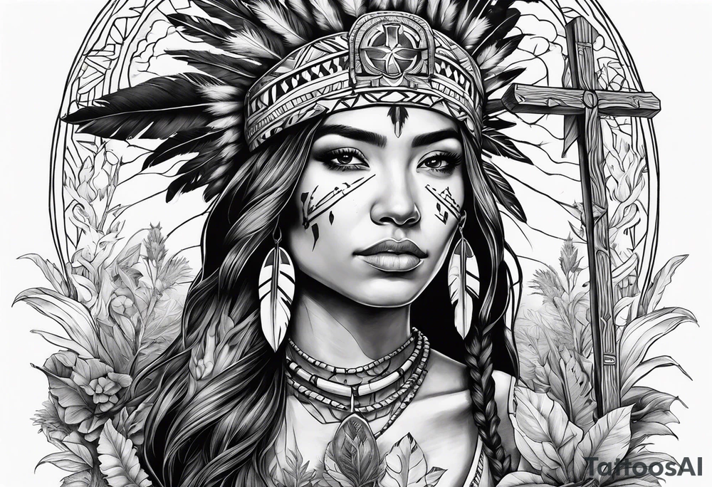 War Native American holding a cross nacklace with plants and nature behind her, half sleeve tattoo idea