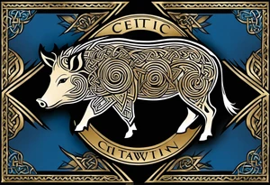 Side profile, Celtic, tribal, wild boar, On a Chatwin family crest with blue background, two gold stars, and a gold Chevron, and a Thistle. With bold black tribal lines. ancient Celtic, tribal boar tattoo idea