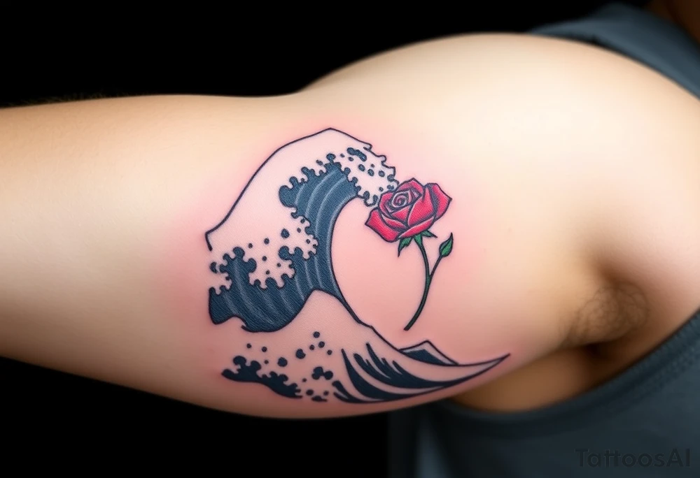 A very detailed Great Wave off Kanagawa incorporate a red rose with a stem on the side of the wave tattoo idea