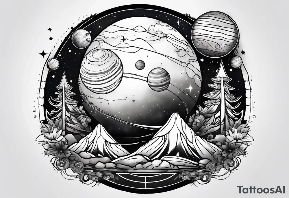 Thin line with planets around it tattoo idea