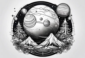 Thin line with planets around it tattoo idea
