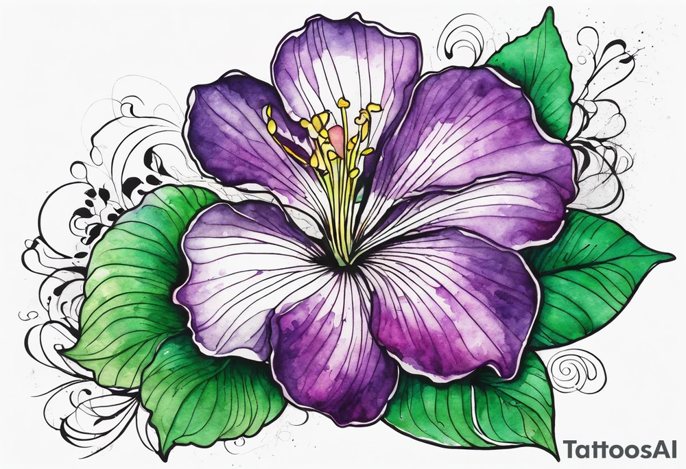 A mystical outline of a rio dipladenia flower and a green/purple watercolor splash in the background tattoo idea