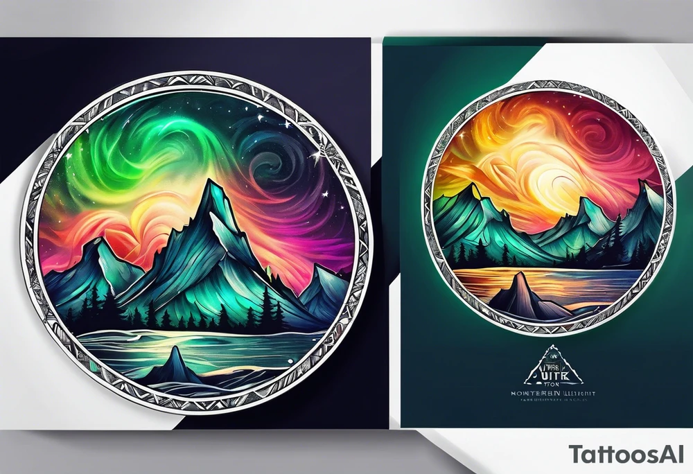 northern lights mountain circle shaped tattoo idea
