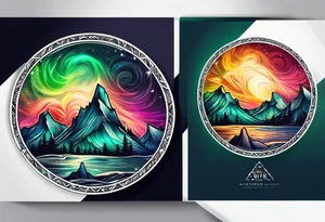 northern lights mountain circle shaped tattoo idea