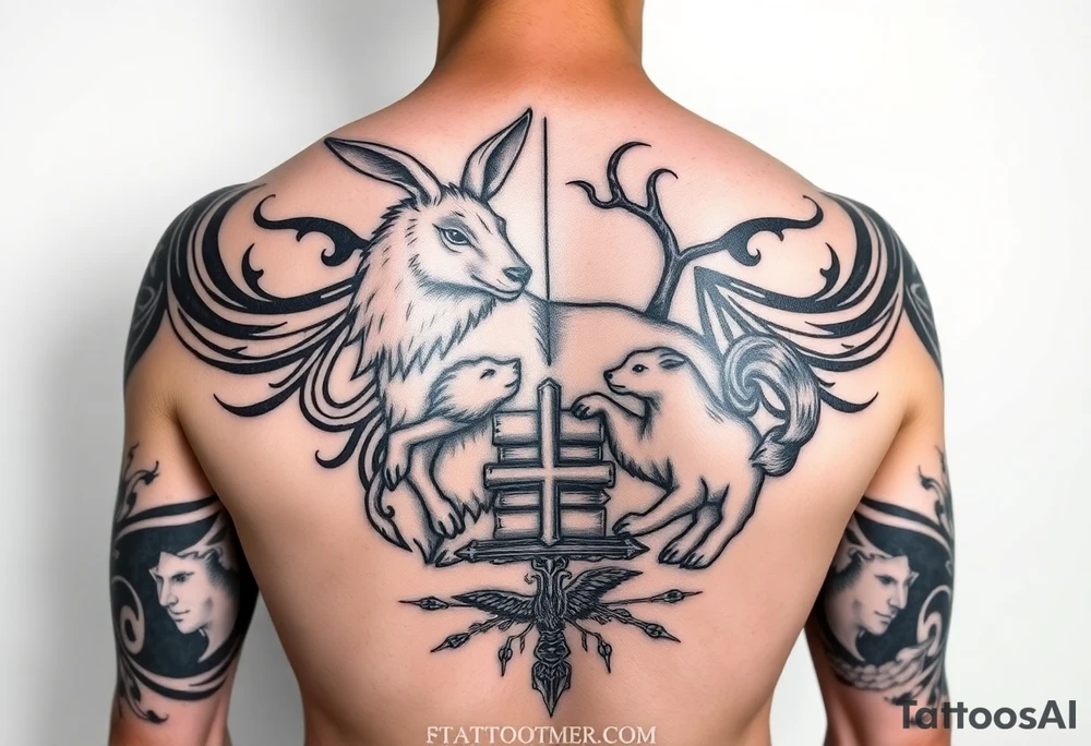 Tattoo Description
A single-arm sleeve that extends onto the chest and back by a few inches.

Tribal style emphasizing bold lines with matching space between.

The tattoo should contain “hidden” features within that require a careful eye to spot:
Jackalope
Resting Lion
Pile of books
Female wolf
A lamb
A cross
An eagle
A computer chip-like design tattoo idea