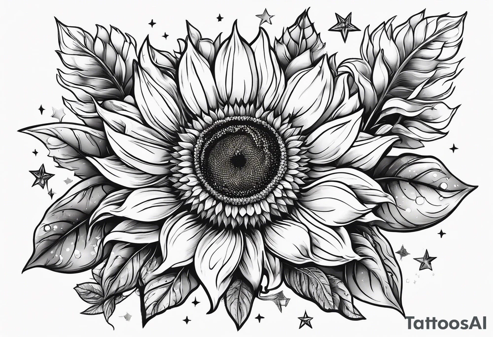 sunflower surrounded with little stars, tree and arrow tattoo idea