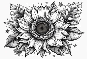 sunflower surrounded with little stars, tree and arrow tattoo idea