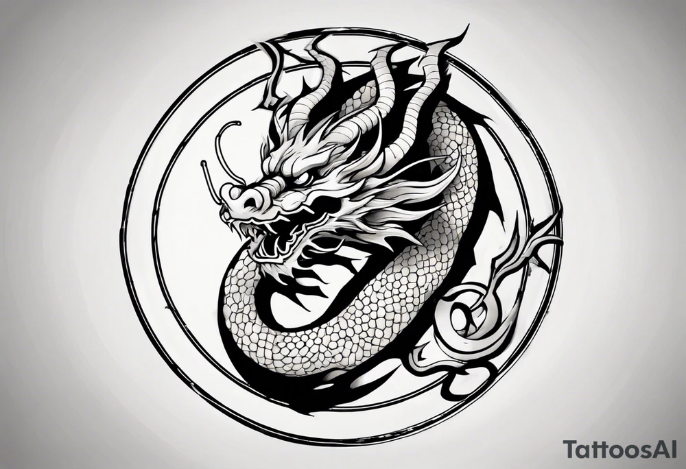 Chinese dragon in a circular shape with "02.03" written on its skin tattoo idea
