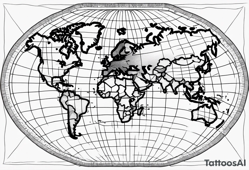 the earth on a flat map with light fading shading placed on a grid with only the lines with accurate depictions of the borders in countries tattoo idea