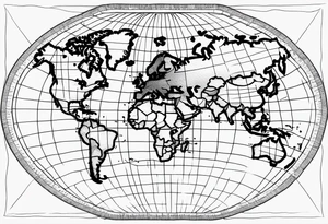 the earth on a flat map with light fading shading placed on a grid with only the lines with accurate depictions of the borders in countries tattoo idea