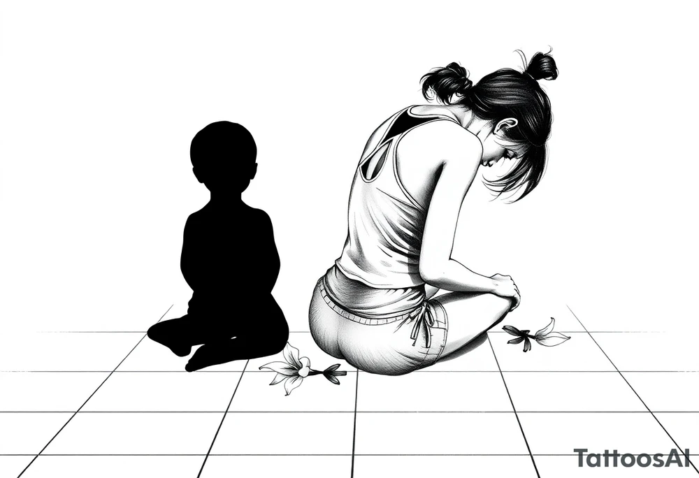 a tile floor with a minimalist realistic silhouette of the back of a thin woman sitting curled on the tile floor and a black silhouette of a young child sitting next to her with a lily next to them on the floor. The woman is wearing a Racerback tank top, running shorts, has dark hair pulled up high, and her head is down. tattoo idea