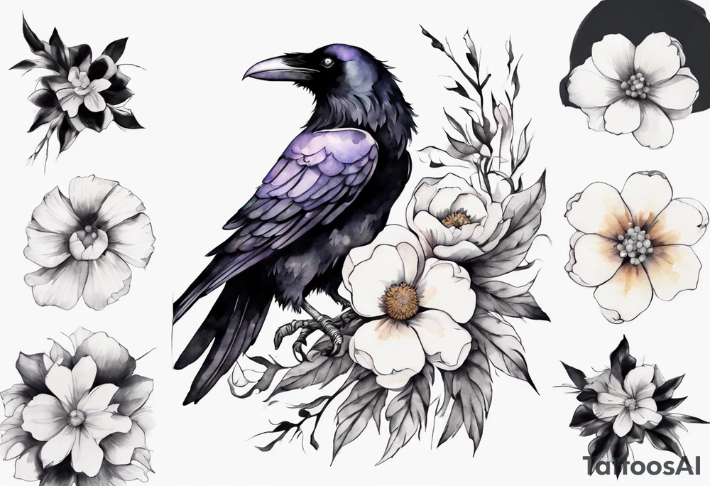 a raven with a white flower cap tattoo idea