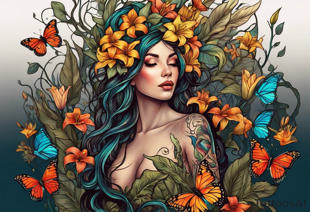 Portrait full length of Wood nymph made or bark and branches standing upright.  Butterflies in background. Lillies near her feet with colorful vegetation. tattoo idea