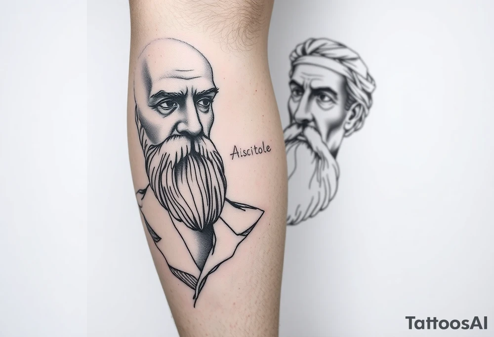 Platos, aristole, and socrates on the right side of the calf. Big and filling the whole calf tattoo idea