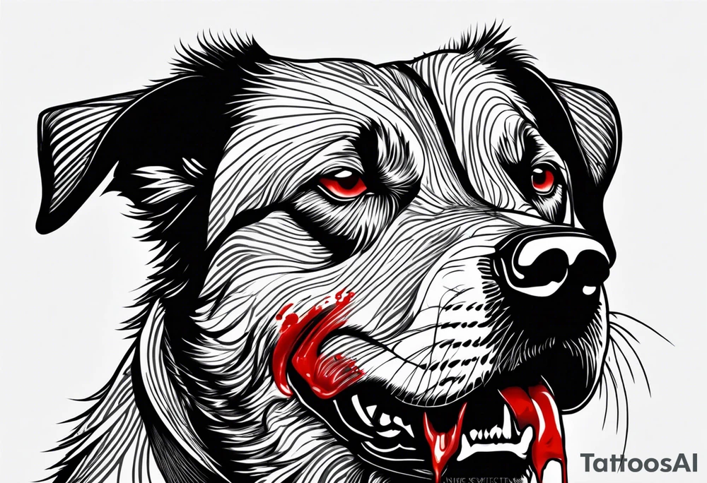 Create aggressive, vicious dog, with some blood coming out of his mouth and saliva. Make it a drawing and use the image of reference. I am going to add. I want HIM TO BE ANGRY WITH RED EYES tattoo idea