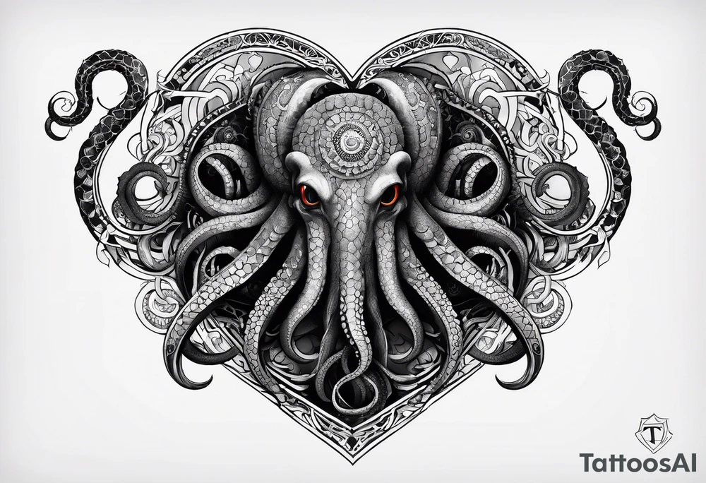 Long tattoo for forearm. Lovecraftian creature, with technological elements. Tentacles protect a heart. tattoo idea