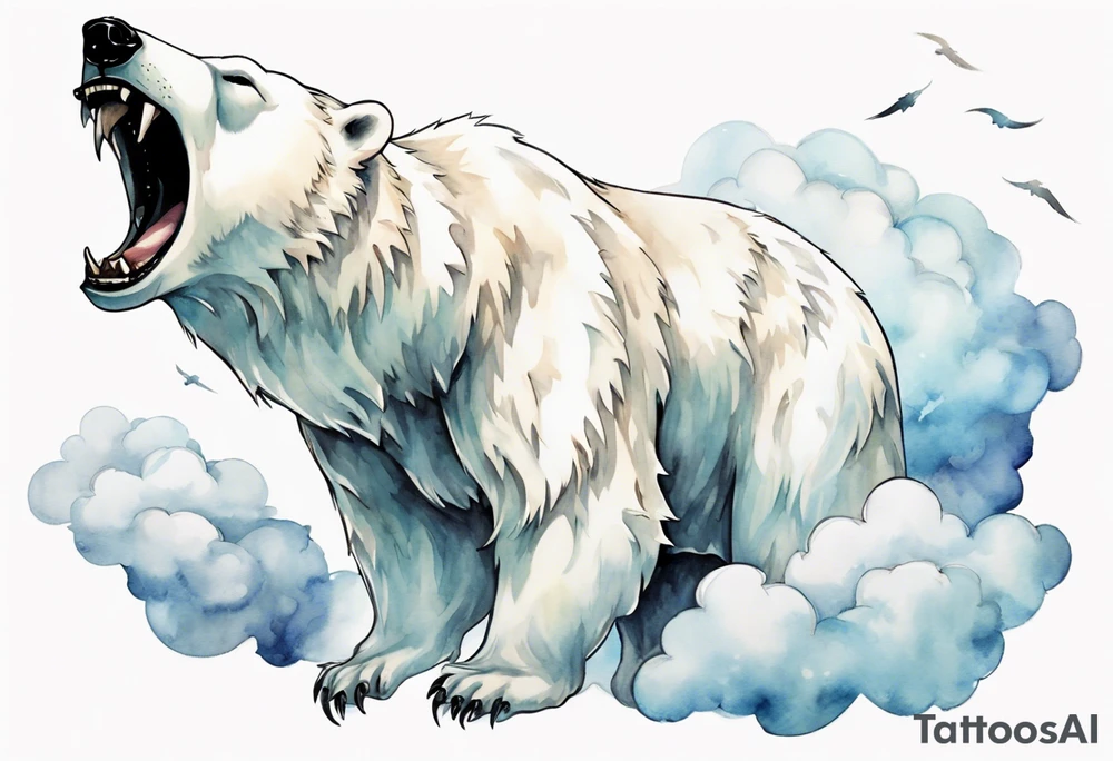 a winged polar bear, standing on clouds blowing wind from his mouth tattoo idea