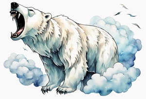 a winged polar bear, standing on clouds blowing wind from his mouth tattoo idea