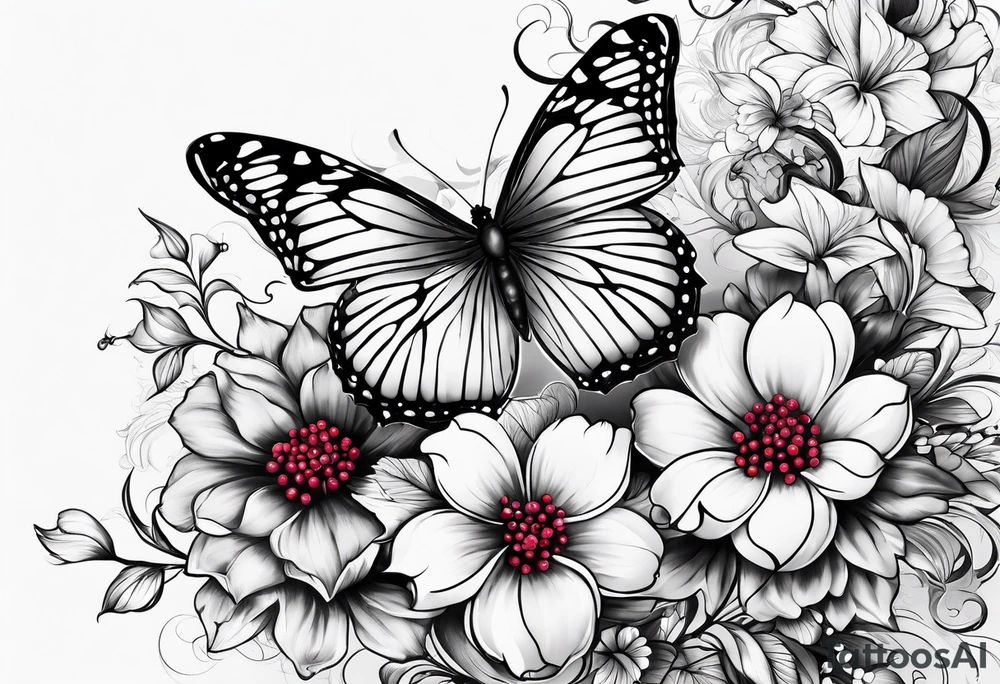 Flowers with "Ruby" in calligraphy font and butterflies around it tattoo idea