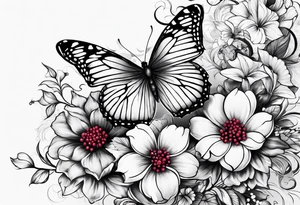 Flowers with "Ruby" in calligraphy font and butterflies around it tattoo idea