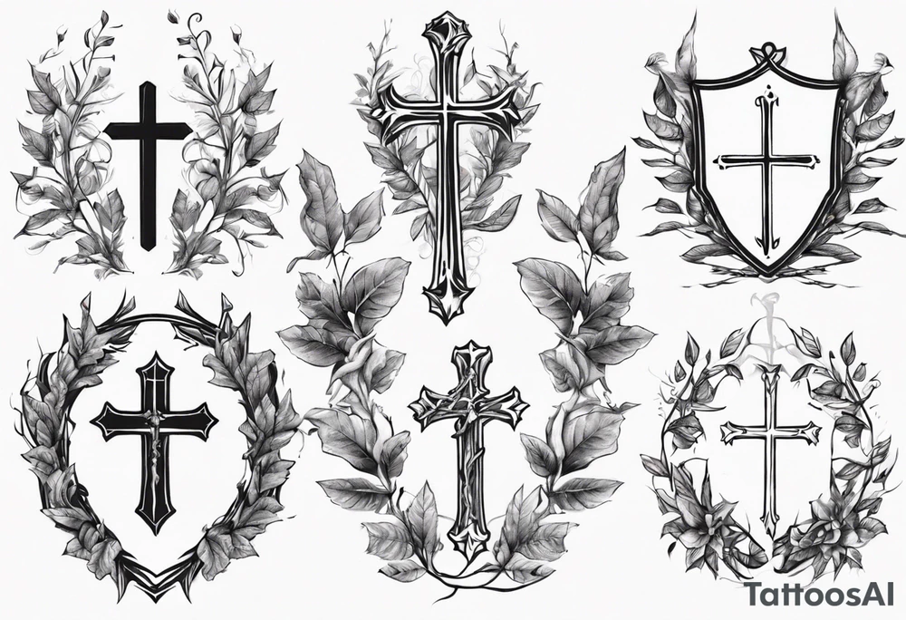 Knight wreath leaves cross tattoo idea