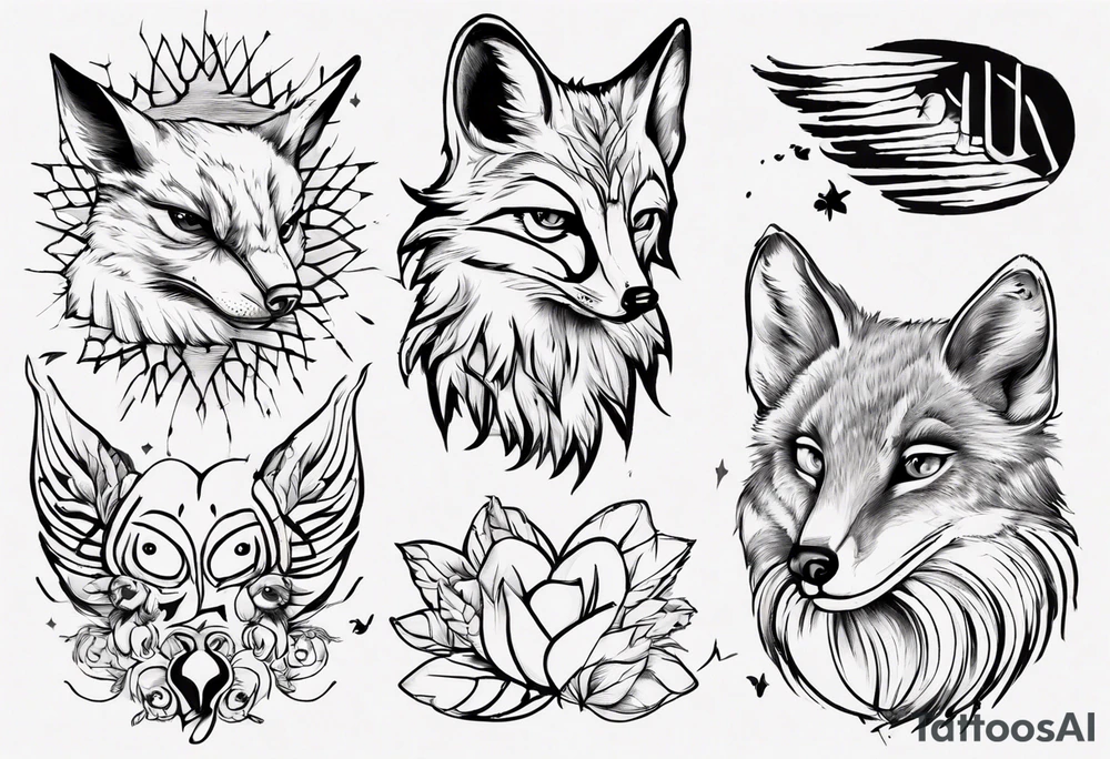 Fuchs mit Eulenflügeln unter der Sonne mit dem Schriftzug Sapere Aude tattoo idea