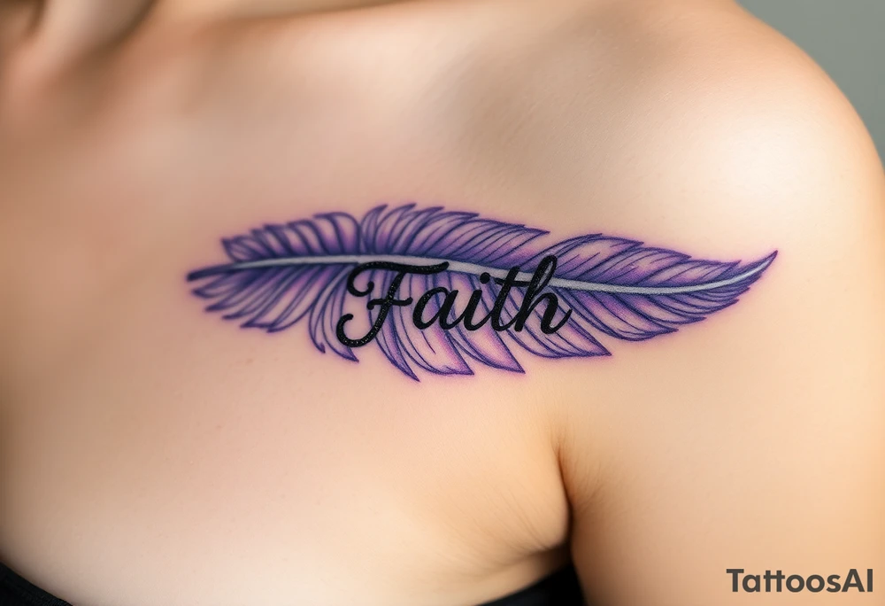 A lavender and silver feather with a subtle shimmer, carrying the word "Faith" tattoo idea