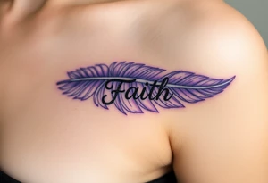 A lavender and silver feather with a subtle shimmer, carrying the word "Faith" tattoo idea