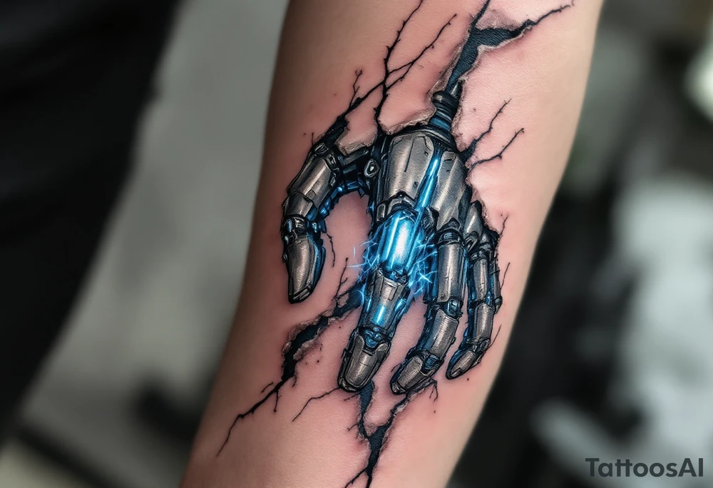 A detailed tattoo showing robotic finger joints in brushed steel with glowing ice-blue synapses connecting beneath realistic torn skin. tattoo idea