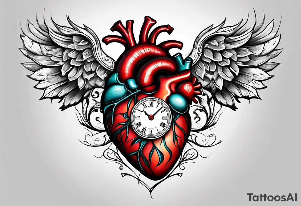 Anatomical heart with clock tattoo idea