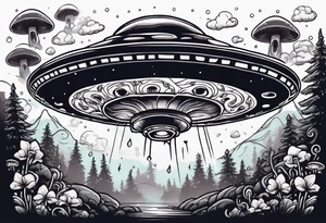 ufo abduction with mushrooms and vines tattoo idea