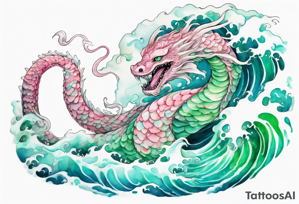 a gentle green-eyed Falkor sea-serpent hybrid with turquoise and pink scales emerging from the waves tattoo idea