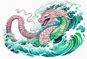 a gentle green-eyed Falkor sea-serpent hybrid with turquoise and pink scales emerging from the waves tattoo idea