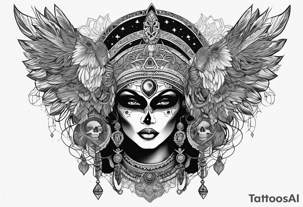 black kali, goddess pirate, alien, pachamama, valkrye, warrior, skull, lotus azul, wing, eagle, zenza resonance, stars, 5D, anahata chakra tattoo idea