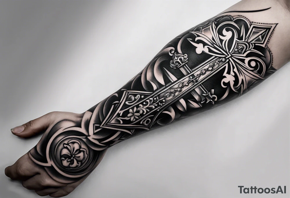 a forearm tattoo with cross and rosary around it tattoo idea