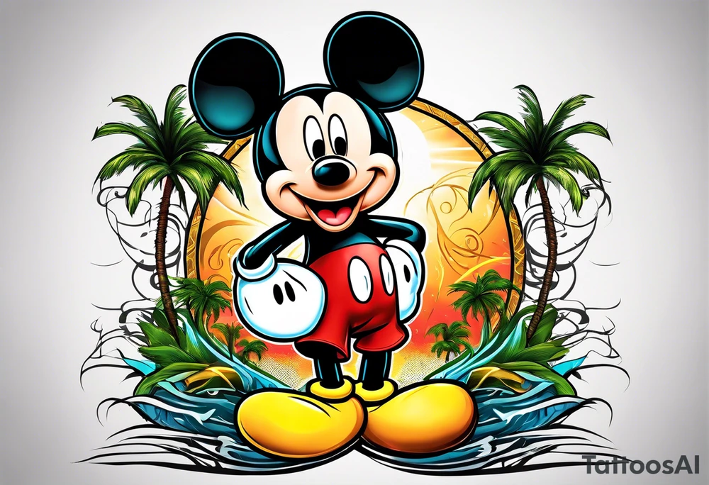 mickey mouse in a lightning storm with palm trees and the celtic symbol for family tattoo idea