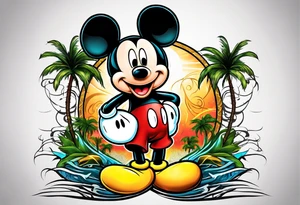 mickey mouse in a lightning storm with palm trees and the celtic symbol for family tattoo idea