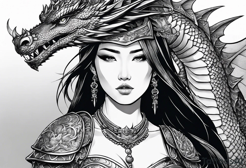 beautiful warrior woman wearing dragon armor and a dragon flying tattoo idea