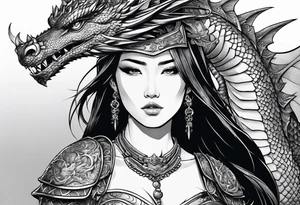 beautiful warrior woman wearing dragon armor and a dragon flying tattoo idea