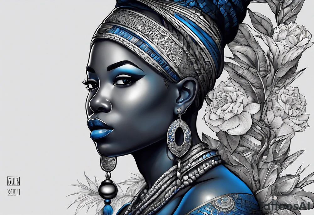 guerreiro Ogun africano realista de corpo inteiro em preto e cinza com tons de azul
 no fudo savana tattoo idea